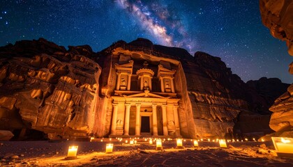 Fototapeta premium Petra Treasury at night, softly lit