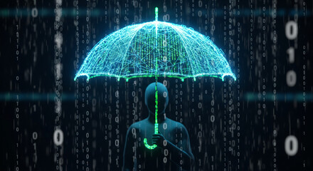 Cybersecurity Concept: Digital Umbrella Protecting Data in Binary Rain