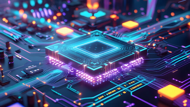 A computer circuit board with electronic components and a central processing unit illustrates the intricate design of modern digital hardware