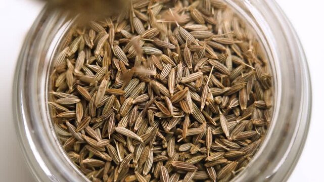 Dry cumin seeds falling into glass jar. Organic Asian aromatic spice. Slow motion