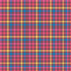 Vibrant Pink and Yellow Plaid Pattern - Seamless Bold Checkered Textile Background with Blue Accents for Festive Design