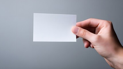 Obraz premium Hand holding blank white business card on gray background, mockup template for branding, identity design, business, or personal contact information.