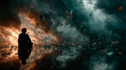 Man facing storm of shattered glass and fire