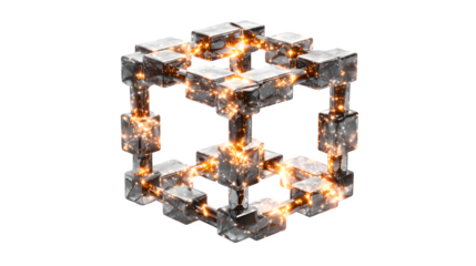 A 3D visual of a glowing, digital blockchain network powering secure transactions