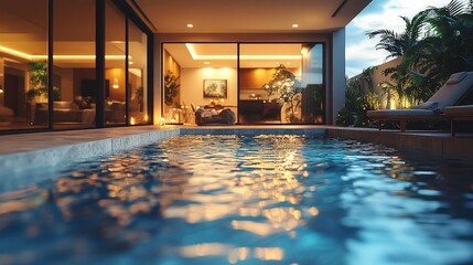 Modern pool house at night