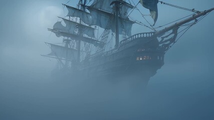Majestic tall ship glides through misty ocean under vast moonlit sky, evoking adventure and mystery - Powered by Adobe