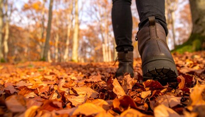 Low angle view of a person in hiking boots walking on a thick carpet of crisp, colorful fallen leaves during an autumn trek in the forest.