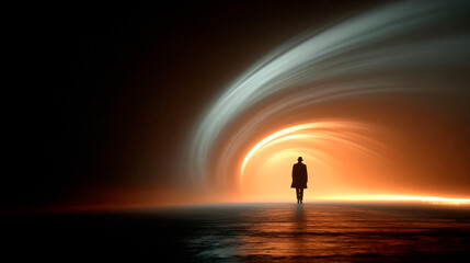 Silhouette of a spy walking through a glowing tunnel of light