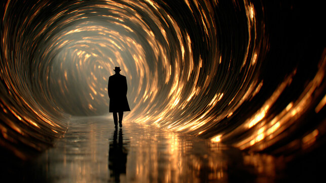 Shadowy figure in golden swirling tunnel of light - Powered by Adobe