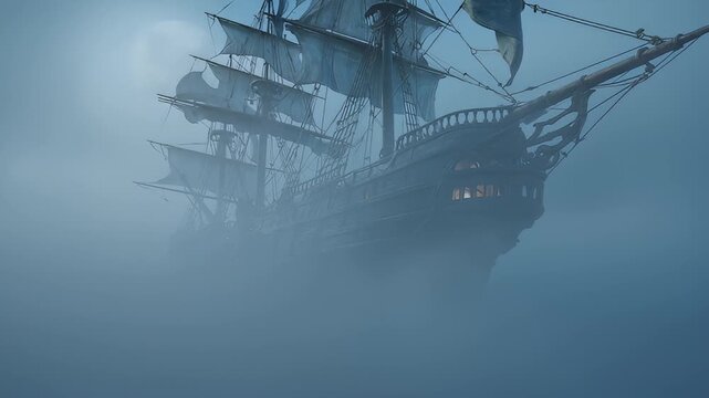 Majestic tall ship glides through misty ocean under vast moonlit sky, evoking adventure and mystery