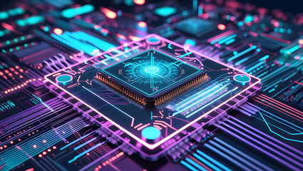 A detailed macro view of an electronic circuit board with a central processor and various components, showcasing modern digital technology