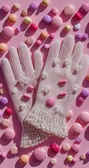Pastel pink gloves surrounded by macarons