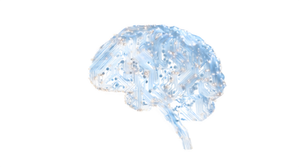 A digital brain composed of circuits and light beams, symbolizing advanced AI, floating against a dark backdrop