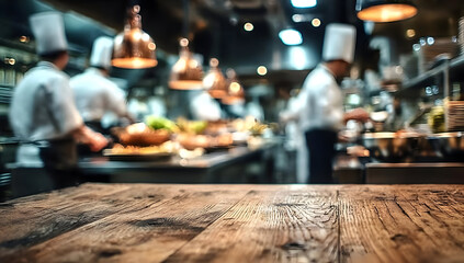 A bustling restaurant kitchen scene showcasing chefs expertly preparing gourmet dishes in a vibrant atmosphere, highlighting culinary artistry and teamwork.