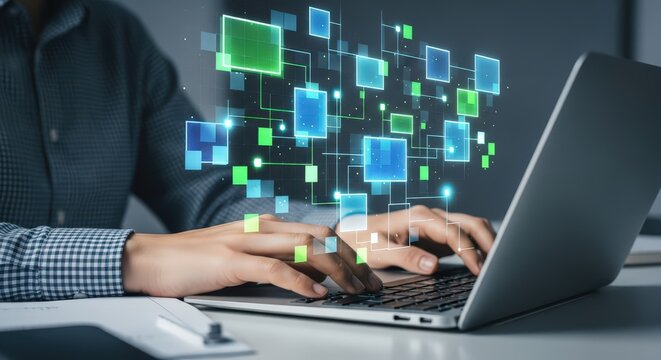 Person typing on laptop with abstract digital network visualization - Powered by Adobe