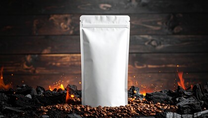 Premium roasted coffee packaging mockup. Blank white doypack standing on fiery charcoal and coffee beans against a rustic wood wall.