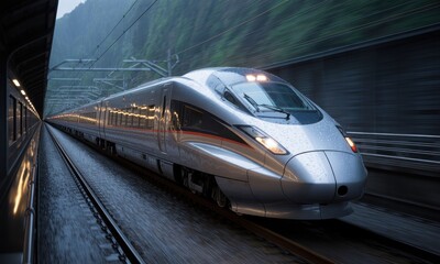 Fototapeta premium High-speed train hurtling through tunnel on wet tracks