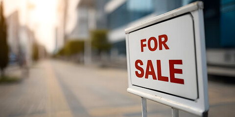 A clear 'For Sale' sign positioned in an urban environment, signaling potential retail or real estate opportunities. Ideal for commercial use.