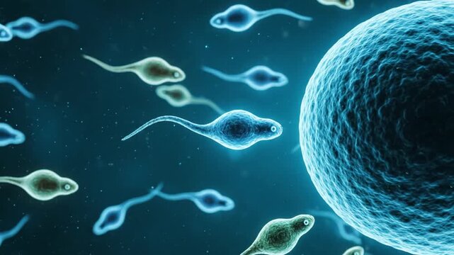Detailed Microscopic Animation of Sperm Cells Approaching a Human Egg With Blue Tones Displaying Fertilization Process for Reproductive Health and Awareness Educational Content Medical Illustration