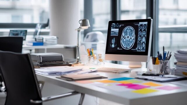 A modern office workspace displays medical imaging on a computer screen, along with stacks of documents and colorful sticky notes.
