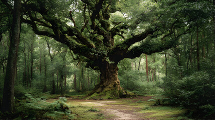 Fototapeta premium Giant Oak Tree in Lush Green Forest