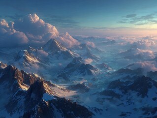 and keyword list based on the image, focusing on the content and avoiding any brand references

 Mountains rise above clouds at dawn, serene landscape in natural setting