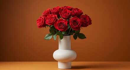 A Lush Bouquet of Vibrant Red Roses in a Modern White Vase