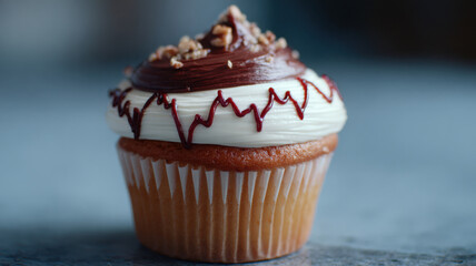 A delicious cupcake topped with frosting and chocolate. The dessert sits atop a white paper liner and looks freshly baked