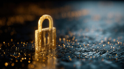 Golden padlock symbol, security and data protection concept. The padlock is illuminated and placed on the digital background with bokeh effect