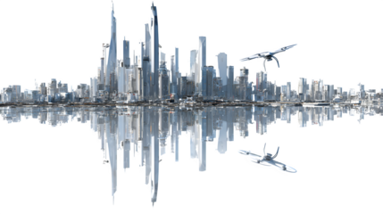 A drone flying over a futuristic cityscape, casting shadows on sleek, reflective buildings