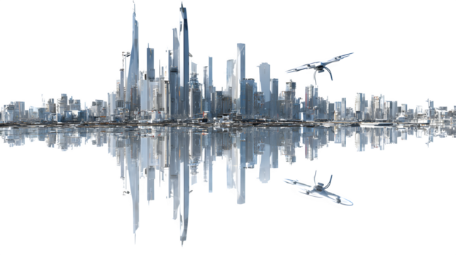 A drone flying over a futuristic cityscape, casting shadows on sleek, reflective buildings