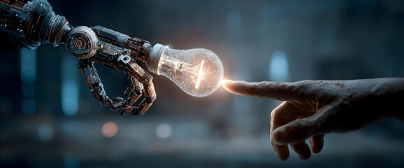 A close-up of a robotic hand reaching towards a human finger, igniting a light bulb. This image symbolizes the fusion of technology and humanity.