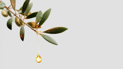 Close up of olive oil dripping from an olive branch, showing the purity and freshness of the oil. This image focuses on the natural beauty and healthy lifestyle.