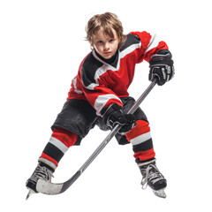 Young Child with Hockey Stick in Action Shooting Pose Isolated