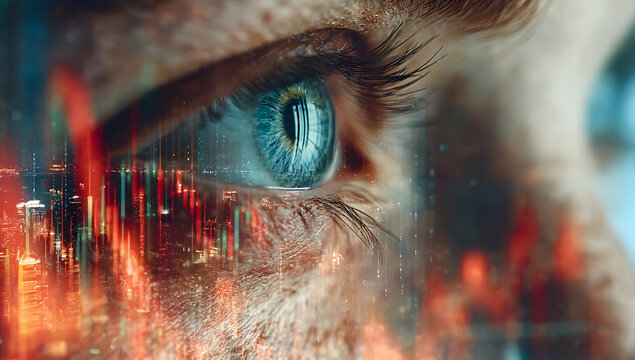 A close-up shot of a human eye reflecting digital data streams, emphasizing the intersection of humanity and technology in modern society.