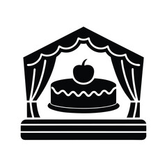 Vector art of a black and illustration of a stage with curtains and a cake with an apple top, isolated a