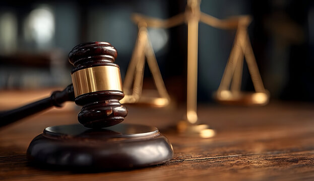 A close-up view of a wooden gavel resting on a table, with a pair of golden balance scales in the background, symbolizing justice and law.
