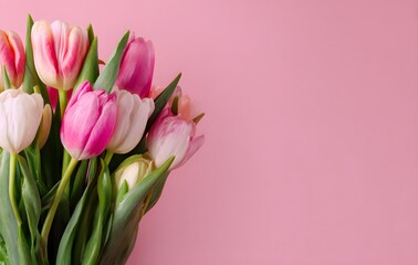 Fresh pink and white tulip bouquet on pastel pink background, beautiful spring flowers arrangement for celebration, love, wedding or Mother’s Day