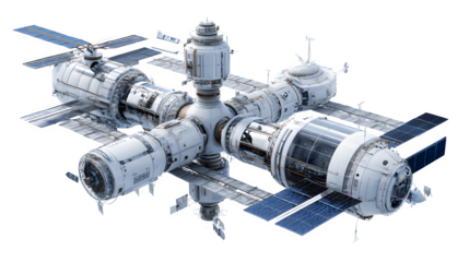 A futuristic space station orbiting Earth, with sleek designs and solar panels reflecting sunlight