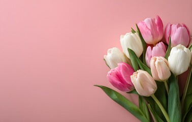 Fresh pink and white tulip bouquet on pastel pink background, beautiful spring flowers arrangement for celebration, love, wedding or Mother’s Day