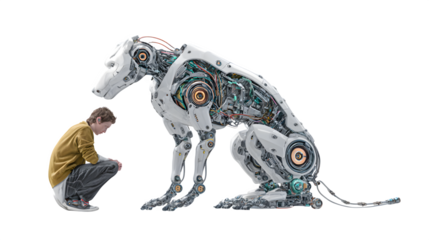 A futuristic robotic pet interacting with its owner through advanced AI technology