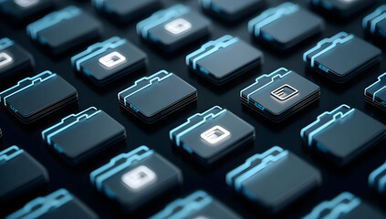A close-up view of modern keyboard keys featuring folder icons, representing digital organization and data management in technology.