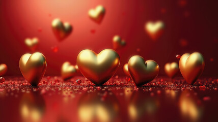 Gold hearts floating in romantic atmosphere. Gradient Hearts on Valentine's Day.