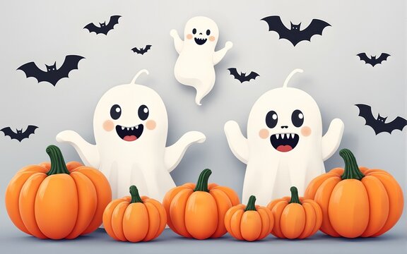 Colorful pumpkins and friendly ghosts create a cheerful Halloween display with bat motifs on a light gray background. High quality