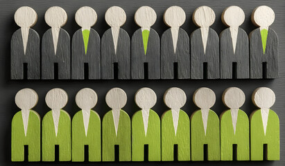 A collection of wooden figures in suits, showcasing diversity in professional attire, symbolizing teamwork and corporate identity.