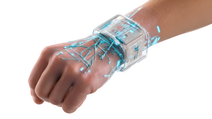 A futuristic wearable technology interface with holographic display projected onto the wrist