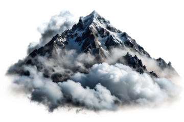  dark snow covered mountains landscape surrounded by smoke and clouds isolated on white background ,PNG.AI Generated.