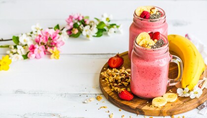Vibrant pink berry smoothies in charming mason jars, adorned with fresh banana slices and wholesome chia seeds, creating a perfect scene for a healthy, refreshing drink.