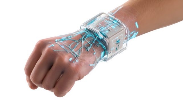 A futuristic wearable technology interface with holographic display projected onto the wrist