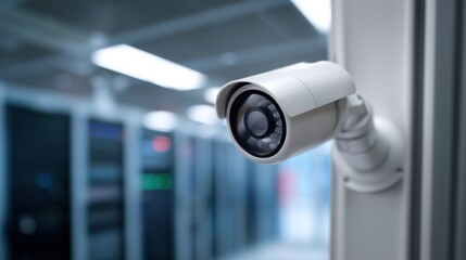 Smart security camera mounted in server room, providing high definition surveillance for enhanced safety and monitoring. camera captures clear images in modern environment